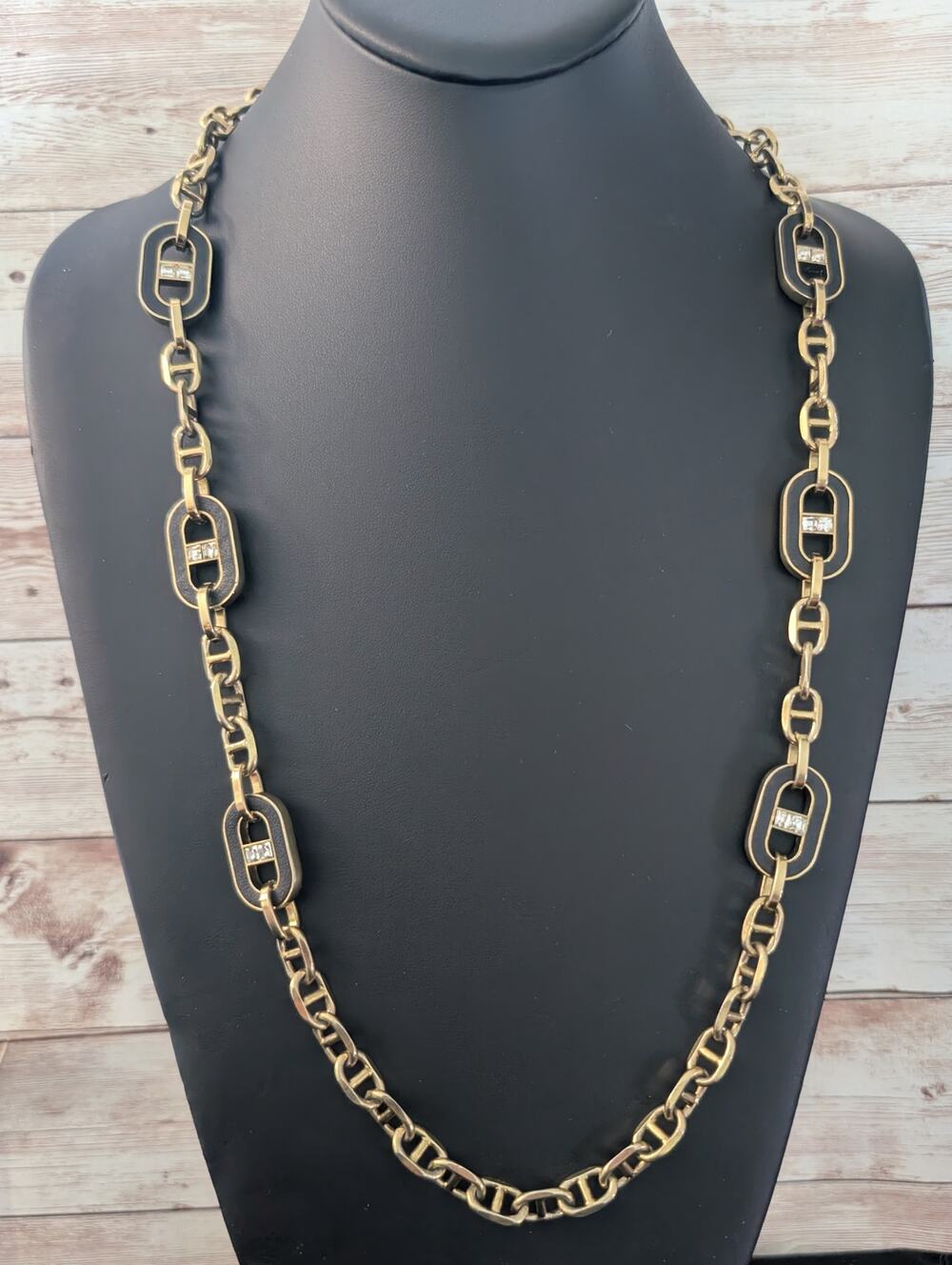 Ann Taylor Necklace Black, Gold Tone, Rhinestone Chunky Long Statement